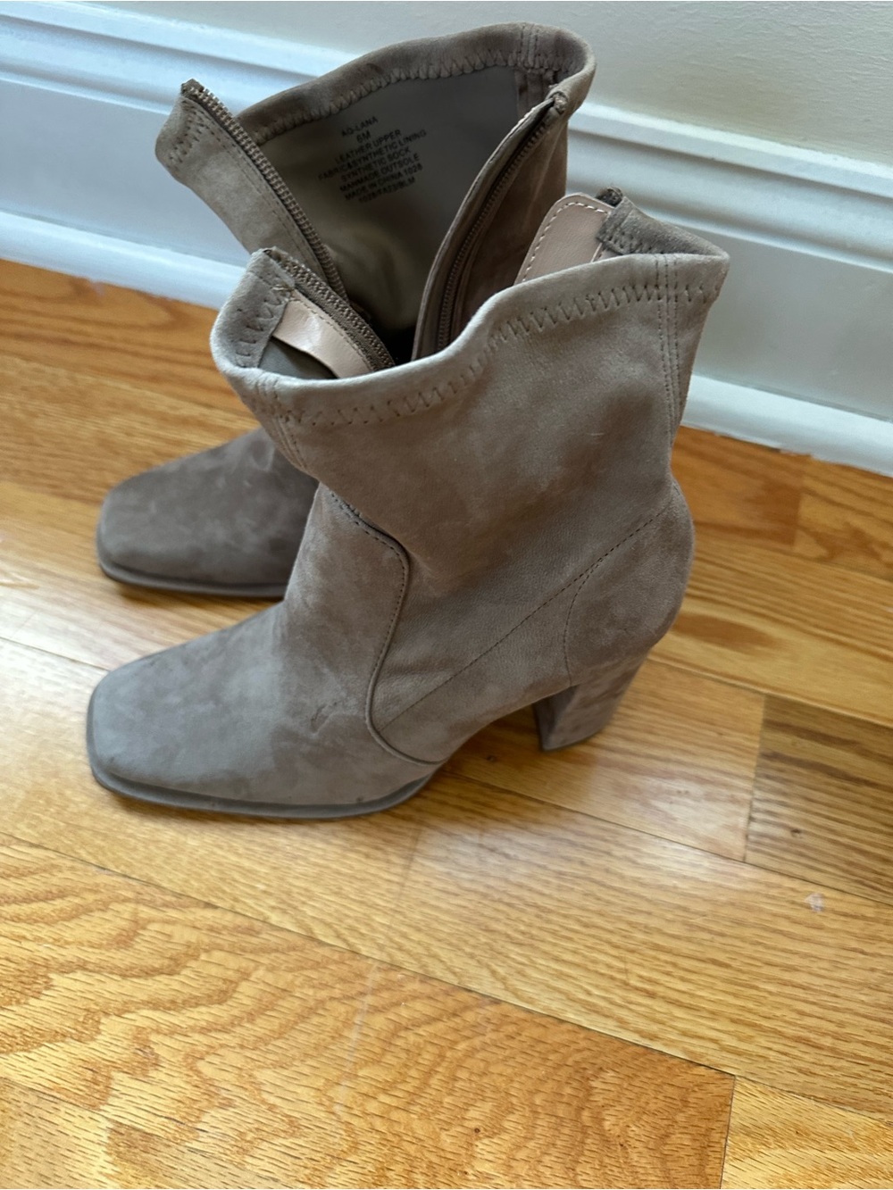 Aqua Taupe Suede Mid-Calf Block Heel Boots